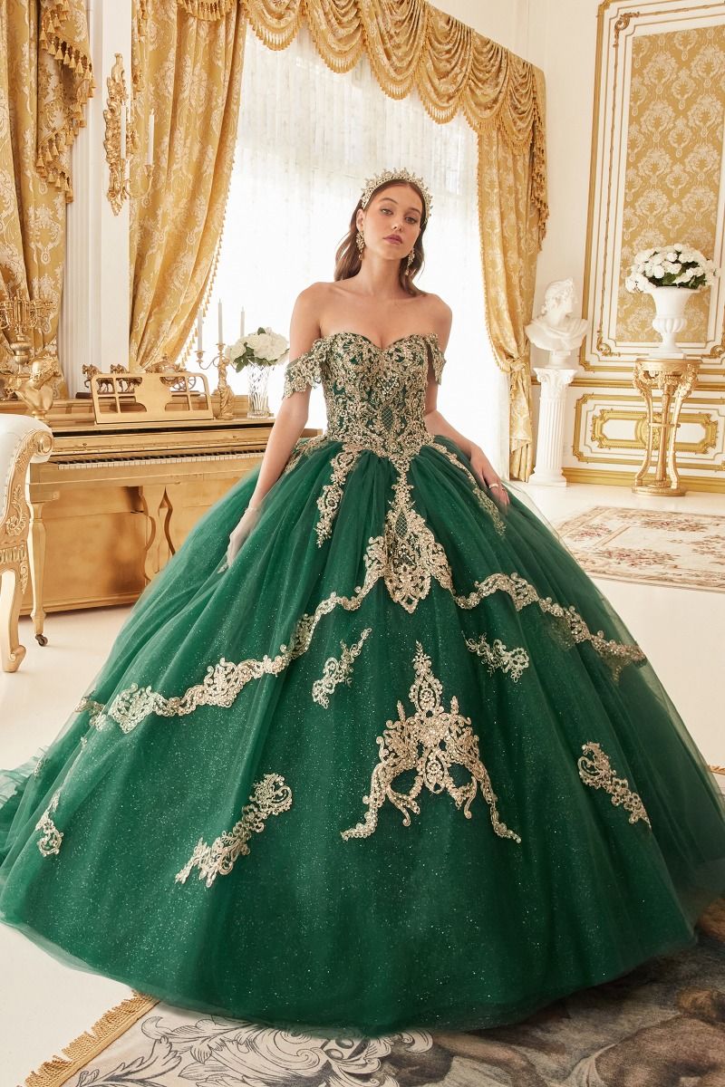 Navy, Burgundy, Emerald | Glitter QuinceaƱera Ball Gown with Gold Embroidery & Off-Shoulder Sleeves CD15711-2